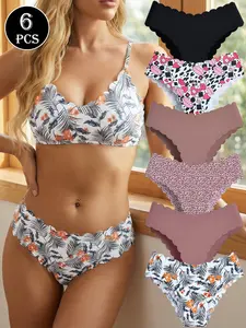 Women's Seamless Bikini Underwear Set, Soft Comfort Low Waist, Multi-Color Leopard Heart Lip Print, Breathable Skin-Friendly Fabric, Floral Bikini