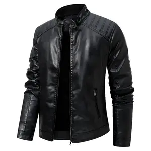 Men’s Stand Collar Leather Jacket Casual Faux Leather Motorcycle Jacket Outerwear Coat with Zipper Pockets
