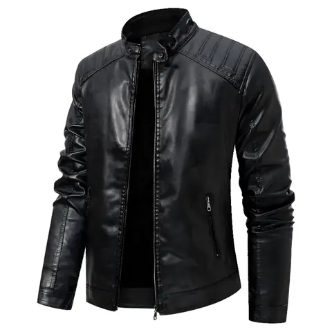 Men’s Stand Collar Faux Leather Jacket - Long-Sleeve Outdoor Biker Outerwear, Wind-Resist Waterproof Casual Coat with Zipper Pockets, Ideal for Driving (Do Not Dry Clean) - Men's Clothing
