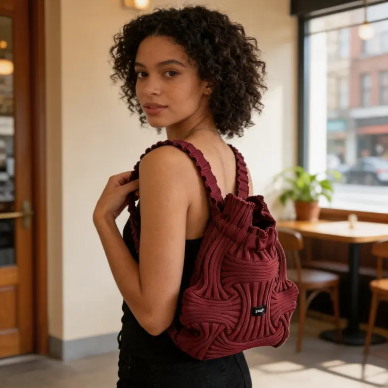 Pleated Drawstring Backpack with Ruffled Shoulder Straps and Mini Front Tag