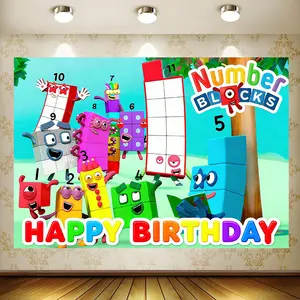 Cartoon Anime Numberblocks Happy Birthday Banner Backdrop Party Photography Background Poster Wall Art Outdoor Home Decor Party Decoration Party Supplies