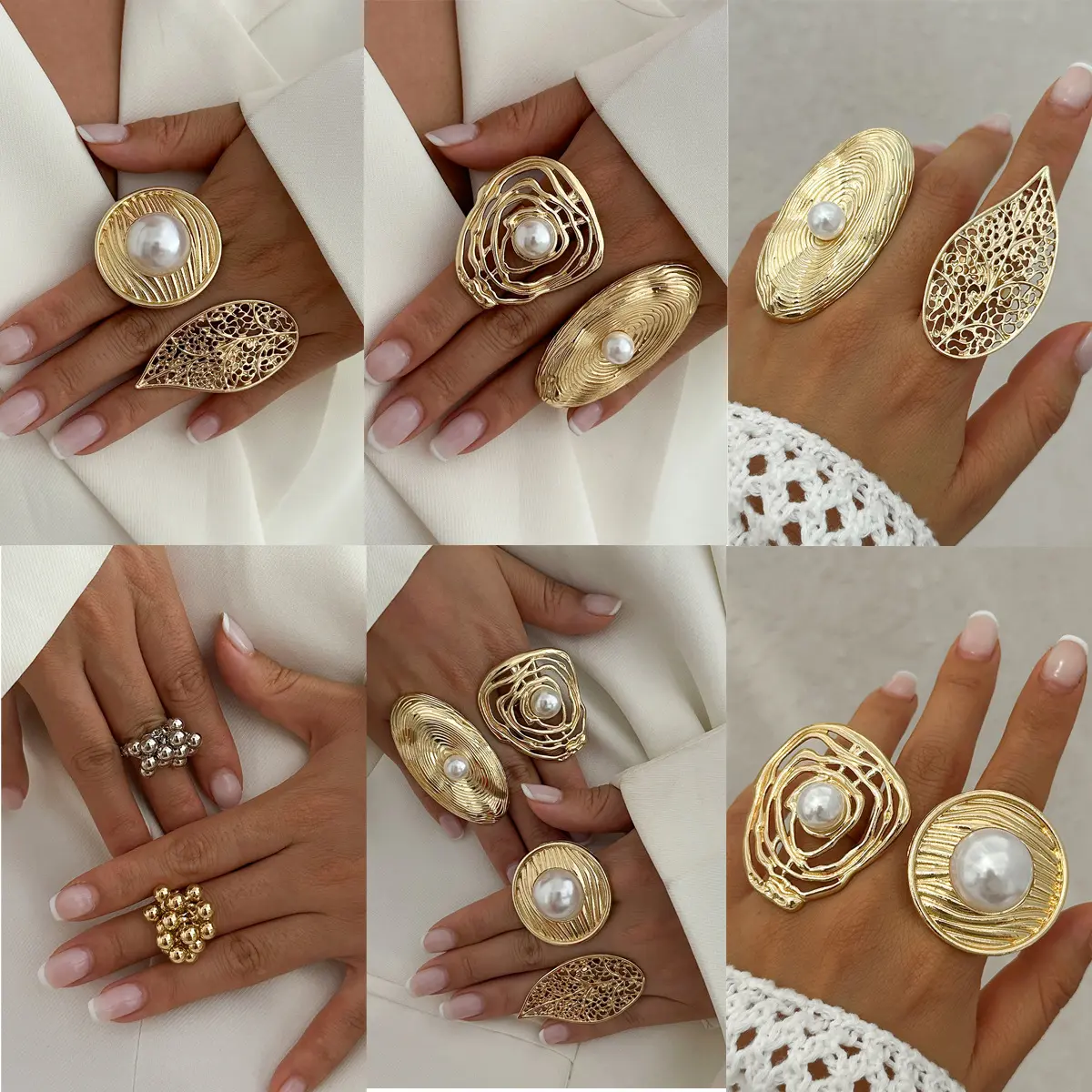 Europe and America Cross Border Ornament Irregular Hollow-out Winding Imitation Pearl Ring Ins Style Niche Alloy Open Ring ring