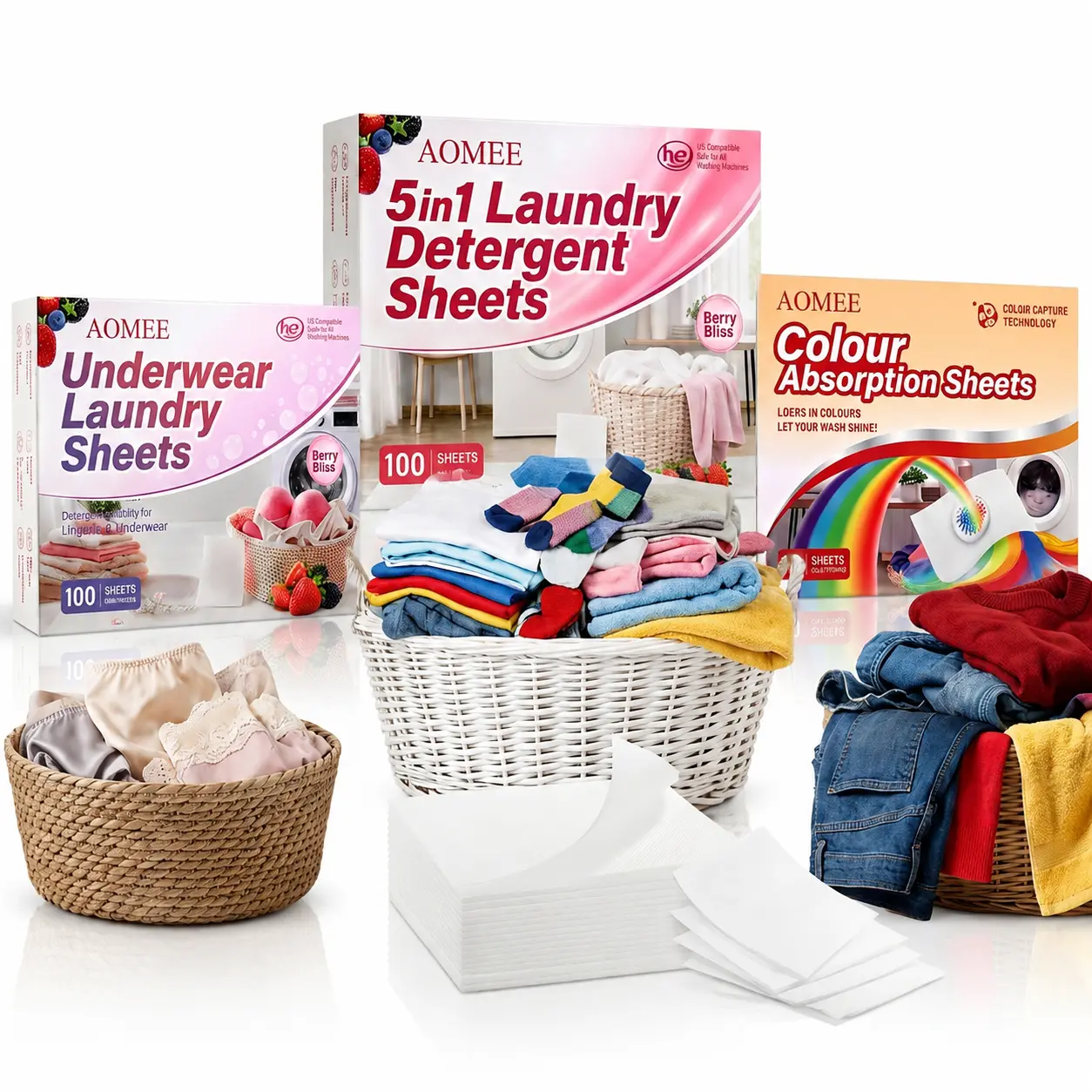 AOMEE 5-in-1 Glycerin-Infused Plant-Based Laundry Care Set - Dye-Free Blueberry-Scented Detergent Sheets (Laundry Detergent Bulk), Women's Underwear Stain Remover, Color Capture Solution, HE-Safe, Gentle on Fabric, Hypoallergenic All-Purpose Cleaner