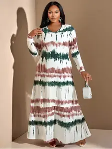 Plus Size Tie Dye Print Dress, Casual Wear Long Sleeve Round Neck Fitted Maxi Dress, Spring & Fall Fashion, Women's Plus Size Clothing, Womenswear, Lady, Casual Boho Elegant