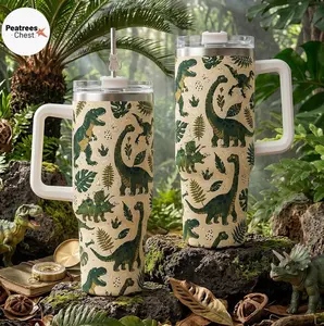 40oz Cute Dinosaur Tumbler - Drinkware Flask, Dino Travel Mug with Handle for Kids & Adults, Jurassic Safari Cup, Flasks