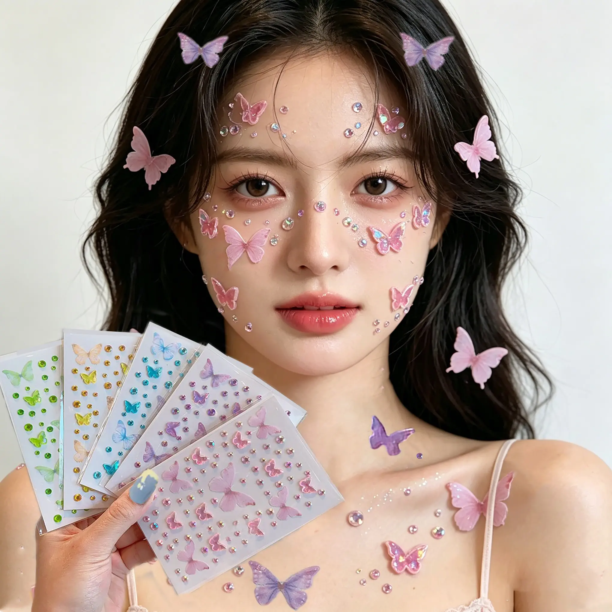 Glue-free self-adhesive colorful butterfly rhinestone face stickers, glitter elf makeup decals, unisex beauty accessories, suitable for stage shows, concerts, music festivals, Halloween, Party, perfect for eye, face and body makeup decoration