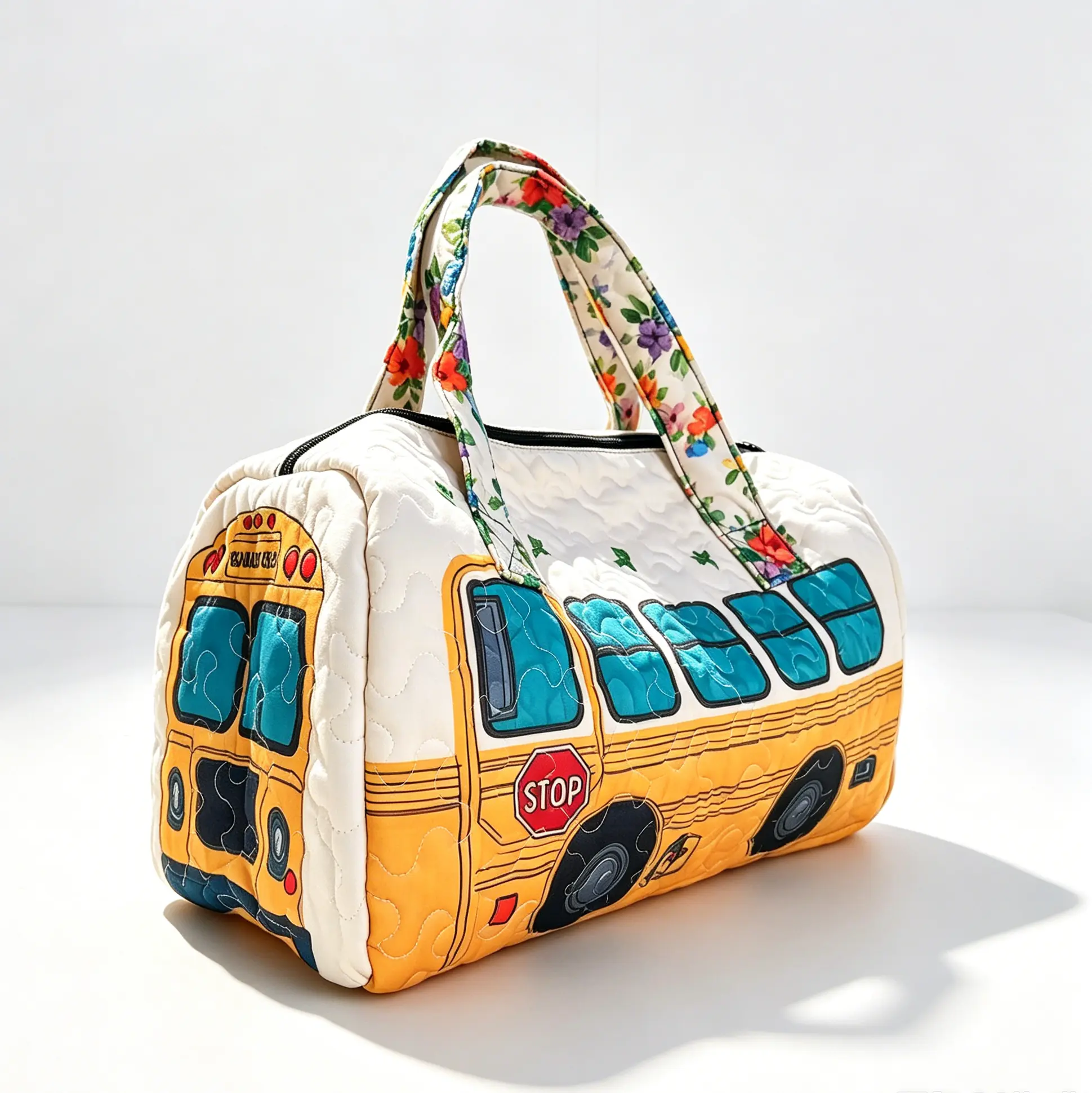 Boho Floral Handle School Bus Print Quilted Duffle Bag Large Capacity Weekend Overnight Travel Handbag.