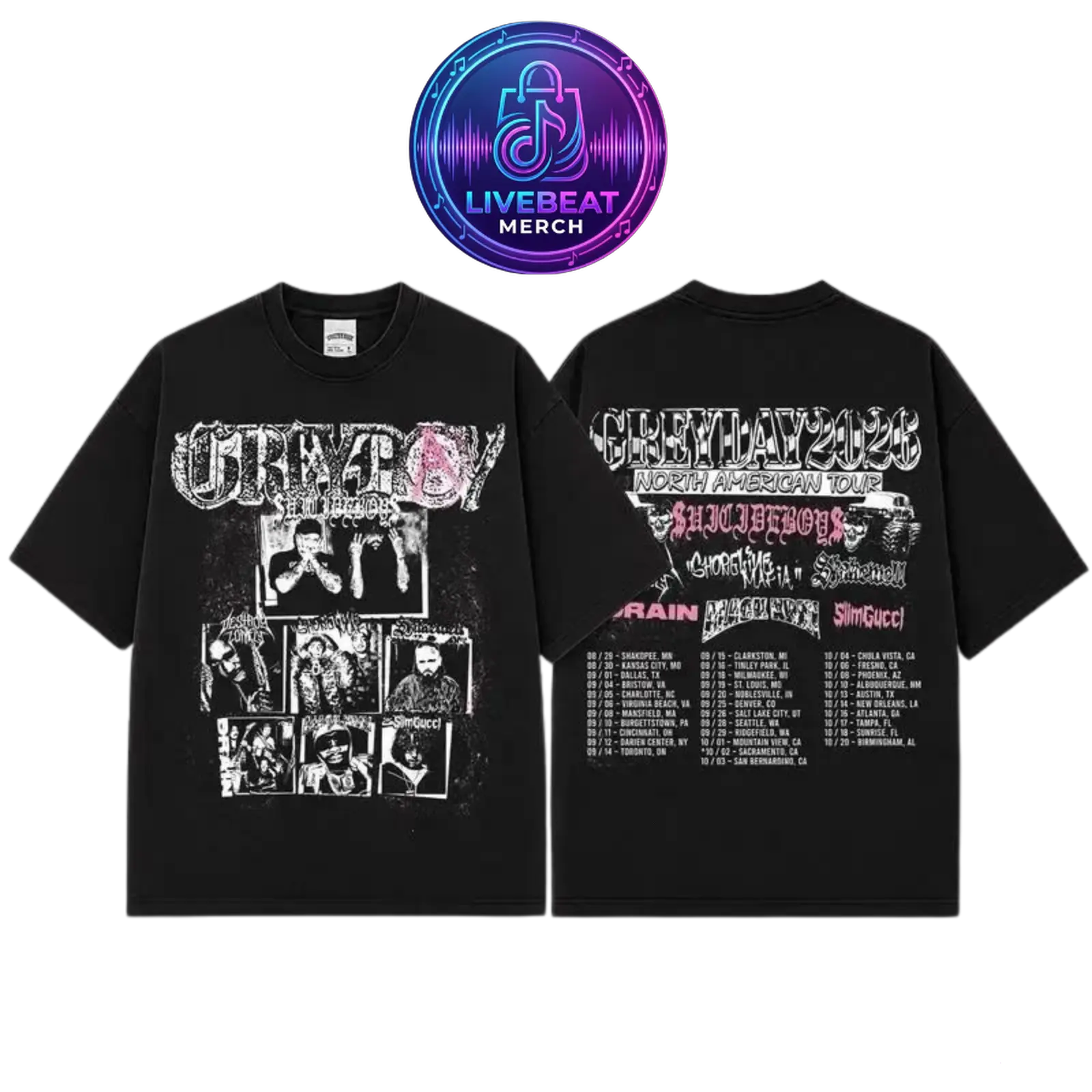 [Free Ship] GreyDay 2026 Tour Graphic Black T-Shirt, G59 Music Tour Merch, Bones Night Lovell Germ Ramirez Black Smurf Concert Tee, Underground Hip Hop Rap Shirt, Festival Fan Apparel, Live Show Graphic Tee, Unisex Streetwear Gift