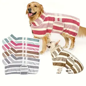 Quick-dry dog bathrobe with adjustable buckle - All-season pet towel wrap, multi-color stripes (pink/beige/green/grey/white/black/brown) suitable for bathing, swimming, and walking