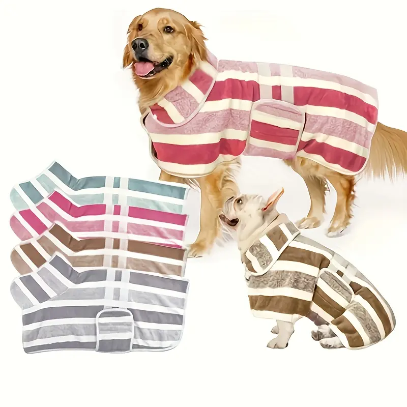 Quick-dry dog bathrobe with adjustable buckle - All-season pet towel wrap, multi-color stripes (pink/beige/green/grey/white/black/brown) suitable for bathing, swimming, and walking