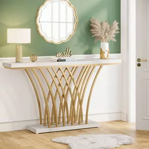 59-Inch Modern Entryway Console Table With Faux Marble Tabletop And Grid-Shaped Metal Base For Entrance, Hallway, Entryway, Living Room Mobile Standing Desk Wheels gaming sand Dining