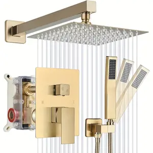 1 Set Brushed Golden Shower System, 8/12/16 Inch Square High Pressure Rain Shower Head, Bathroom Luxury Rainfall Shower System Combo Set With Handheld Sprayer, Wall Mounted Shower Faucet Set, Rough-in Valve Body And Trim, Bathroom Accessories