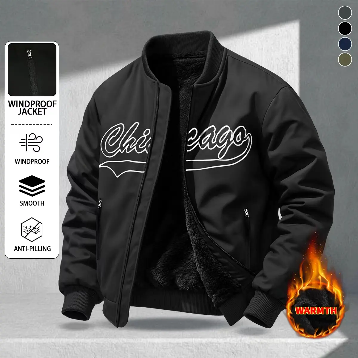 Men's Casual Baseball Collar Jacket with Letter Design, Fleece Lined, Windproof Surface, Warm without Losing Temperature, Suitable for Daily Life, Sports Activities, Campus Style, Essential for Winter