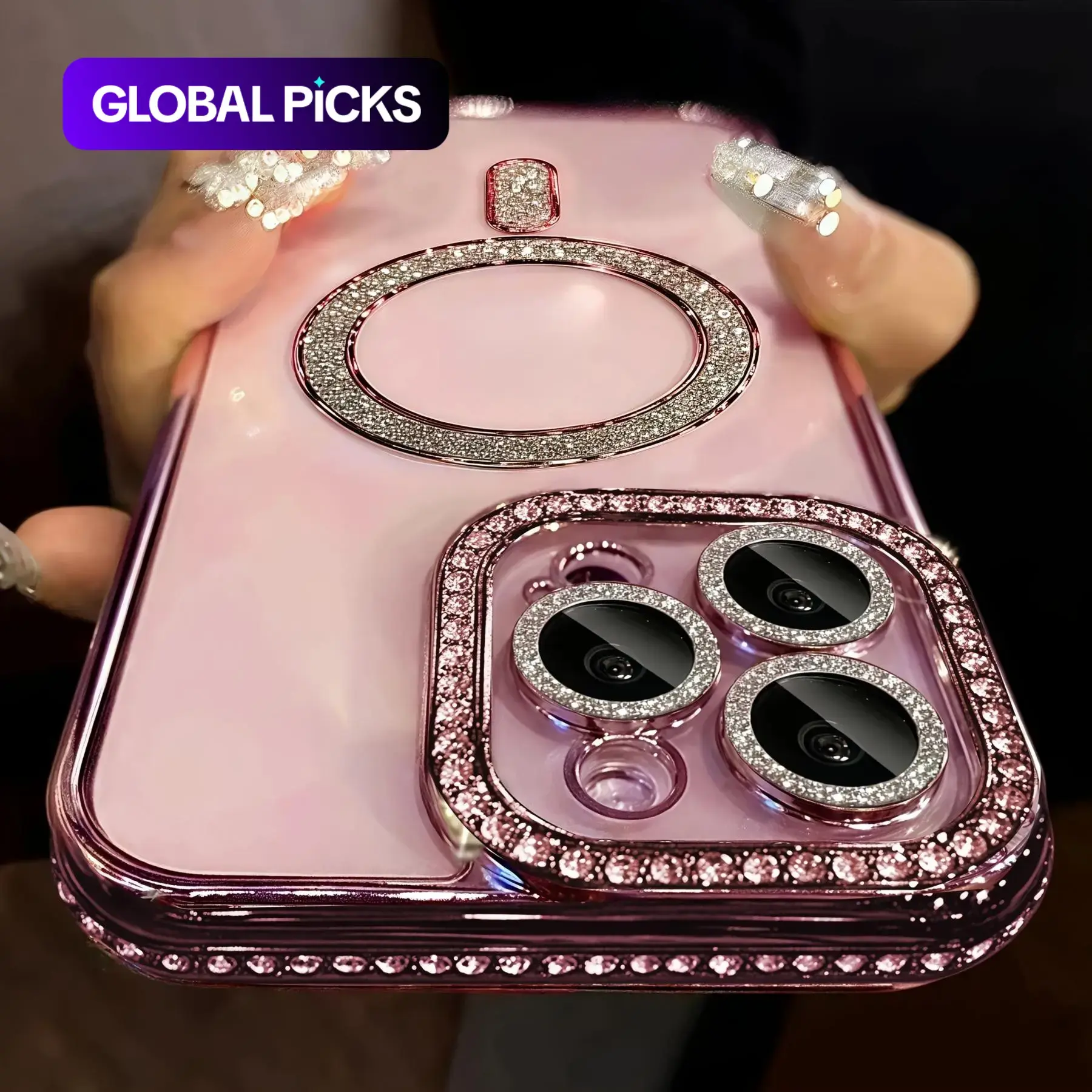 Glitter Diamond Transparent Protective Smartphone Cellphone Case, Mobile Phone Accessory for iPhone 17 Air/17/16/15/14 Plus/13/12/11 Pro Max, Magnetic Wireless Charging Back Cover Casing #GLOBAL PICKS