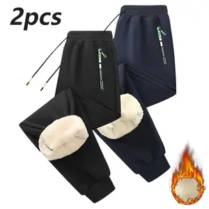 2PCS Autumn Winter Men's Ankle-Length Fleece Lined Thick Warm Versatile Trendy New Style Jogger Pants with Zippered Side Pockets & Drawstring Waistband Suitable for Outdoor Activities, Running Sports, Comfortable Casual Wear, Winter Warm Long Pants