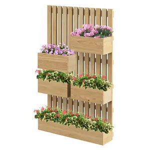 5 Box Raised Garden Bed w/ Trellis for Climbing Plants, Wall-Mounted Wood Planters w/ Drainage Holes, Natural