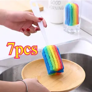 7pcs Rainbow Sponge Brush Wash Water Cup Container Sponge Cleaning Brush Scrubber with Handle Cleaning Utensils