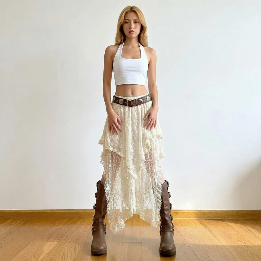 Women's Y2K Solid Asymmetrical Hem Frill Trim Sheer Lace Midi Skirt, Boho Style Layered Elastic Waist Skirt for Daily Wear, Ladies' Summer Clothes streetwear vintage clothing chic tops going out Breathable Feminine
