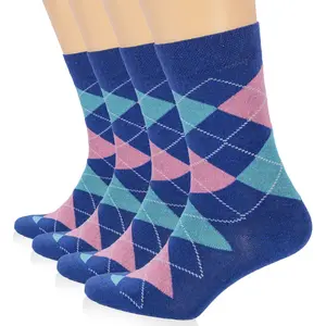 Colorful Cotton Dress Crew Argyle Socks for Women, 4 Pairs