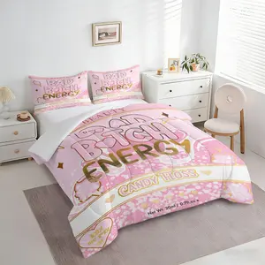 2/3pcs Pink Bad B Energy Comforter Set, Sassy Candy Floss Print, Soft Microfiber Quilt with Pillowcases, Pink Aesthetic Girly Bedding Set for Teen Girls Bedroom, Aesthetic Funky Home Decor