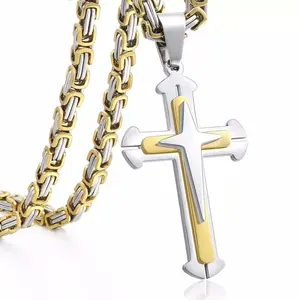 Layered Cross Necklace Stainless Steel Three-layer Three-dimensional Cuban Chain Men's Square Buckle Chain