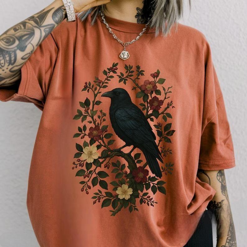 Comfort Colors Vintage Raven T-shirt, Gothic Cottagecore Tee, Crow And Floral, Dark Nature Tshirt, Witchy Aesthetic Gift, Retro Bird Tee For Her