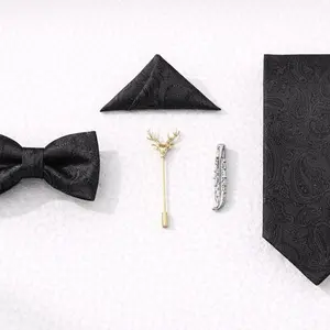 Mens Black Tie Set Paisley Pattern Necktie Bow Tie Pocket Square Formal Wedding Accessories Gift for Him