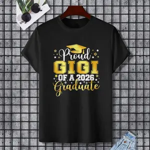 Proud Gigi Of A Class Of 2026 Graduate 2026 Senior Gigi T-Shirt, 100% Cotton, Single Side Printed, Black Short Sleeve T-shirt, Gift for Family Friends, S-XXXL, 1 pc, Fabric Weight 180g