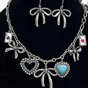 Western Bow Charm Necklace Set with Heart Charms & Extending Hooks - 18" Lobster Claw Closure - Versatile Jewelry for Everyday Wear