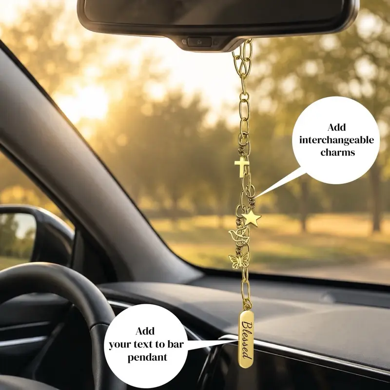 Women's 316L Stainless Steel Gold-Silver Custom Engraved Rearview Car Charm - Elegant Matching Jewelry Set, Personalized Car Accessory, Front Only - Enter Engraving + Font in Notes at Checkout, Letter, Gifts for Her