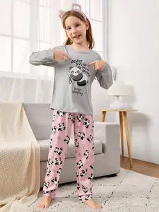 Girls' Cute Panda Print Long Sleeve Pajama Set, Casual Round Neck Home Wear, Soft Sleepwear, All Seasons Comfort