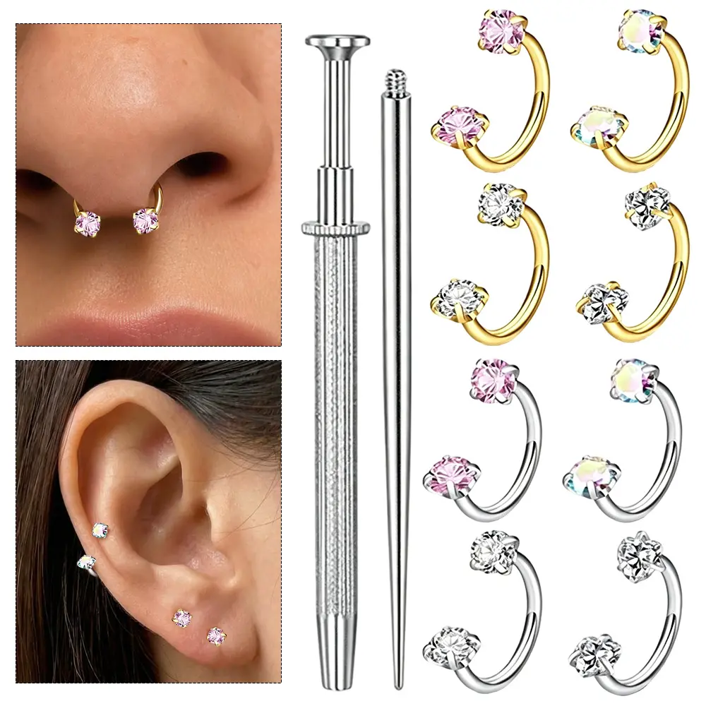 8PCS Horseshoe Septum Rings Lip Eyebrow Helix Daith Ear Piercing Jewelry Nose Ring Hoop for Women Men And 1pc Piercing Tool And 1pc Clamp Tool