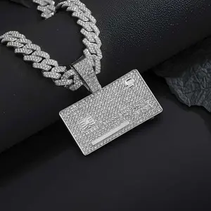 Hip-hop Style Necklace, Set with Rhinestones, Gold-plated Alloy Cuban Link Chain Pendant, Large Clasp, Unisex Jewelry, Perfect for Layering, Also Available with Bank Card or Letter Pendants.