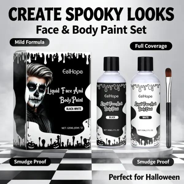 Eelhope Quick-Dry Liquid Face & Body Paint Kit - Orange Oil Setting, Mild Long-Lasting Formula, Application Brush for Halloween, Clown Cosplay