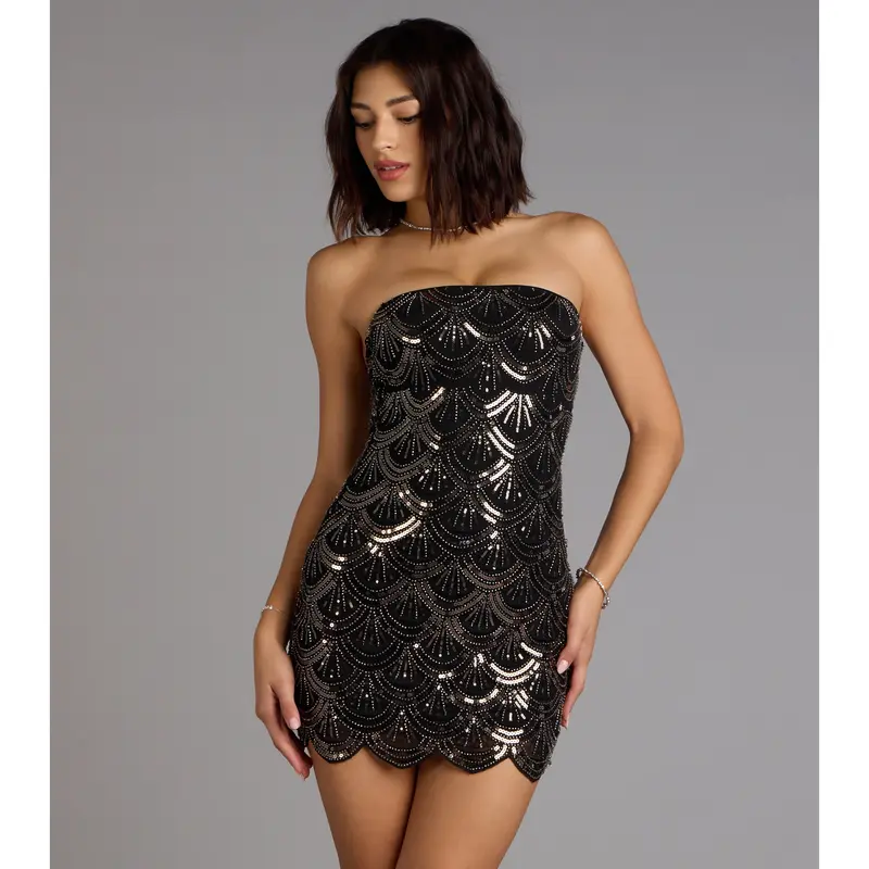 ASOS LUXE 3D floral embellished mini dress with scallop hem and drop pearl  detail in black plus - TikTok Shop
