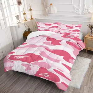 2/3Pcs Whimsical Pink Red Camouflage Comforter Set, Playful Organic Shapes Bedding Set, Digitally Printed Design for Artistic Bedroom Decor, Soft and Cozy for Year-Round Comfort, Pillowcase No Filler