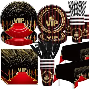 VIP Party Decorations Tableware - Movie  Red Carpet Birthday Party Supplies, Plate, Cup, Napkin, Tablecloth, Cutlery, Film Show VIP Pass Red Carpet Activity Prom Party Supplies | Serve 24