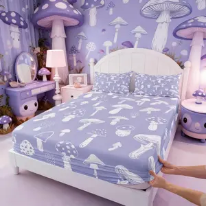 Mushroom Bedding Set,Purple and White Bed Set for Girls Teens Bedroom Decor Kids Cute Cartoon Plants Fitted Sheet Soft Purple Mushroom Bed Cover(1 Fitted Sheet ) No Flat Sheet