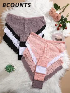 Women's Contrast Floral Lace Panty, Soft Comfy Breathable Chic Elegant Knicker for Daily Wear, Low Waist Underwear for All Seasons, Thongs