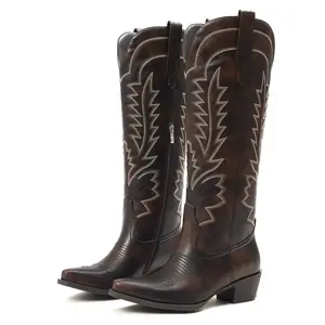 Cowboy Boots For Womens Knee High Boot Pointed Toe Chunky Block Heel Side Zipper Embroidered Wide Calf Fashion Comfortable Retro Chic Party Date Dress Concert Night Club Festival Western Trendy Cowgirl Boots