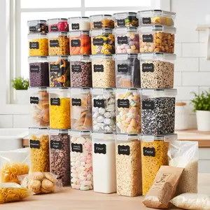 60/32/16 Pcs Clear Plastic Pantry Storage Containers Set, 30/16/8Jar+30/16/8Lids Airtight BPA Free Food Organization Set, Multi-Size Meal Prep Containers for Cereal, Rice, Pasta & Snacks