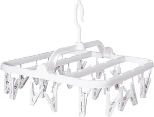 Foldable Clip Hangers with 26 Drying Clips, Underwear Hanger with Clips, Plastic Laundry Clip and Drip Drying Hanger for Socks, Bras, Lingerie, Clothes, Sturdy, White