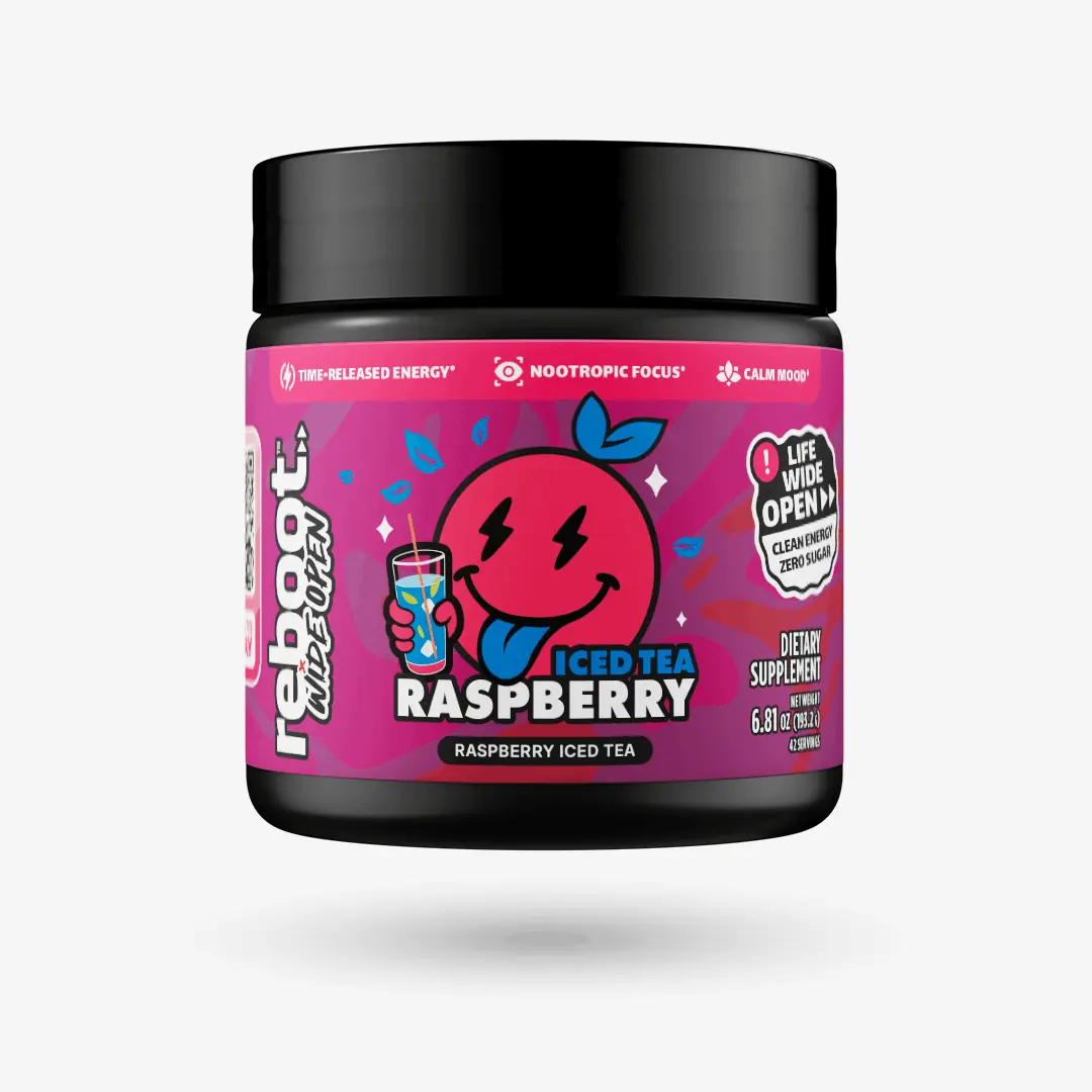 Reboot Wide Open Raspberry Iced Tea Energy Drink Powder Mix | Brain & Body Support | 42 Servings