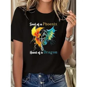 Plus Size - Plus Size - A Stylish And Casual Round-Neck T-Shirt for Women in Plus Sizes, Featuring a Print Design of 'Soul of a Phoenix Heart of a Dragon' That Embodies a Sense of Fantasy And Power, Perfect for Spring And Summer