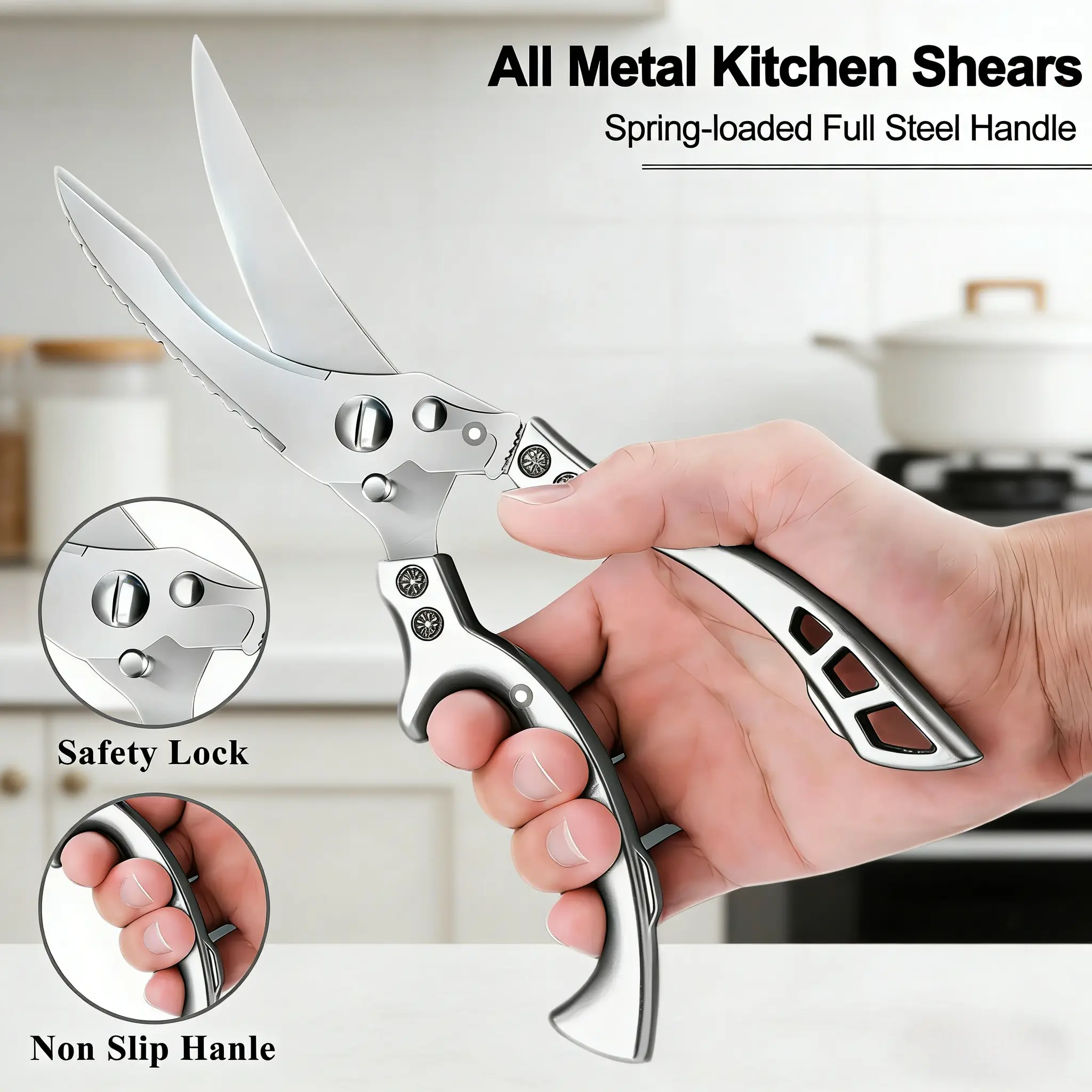 Heavy-Duty Stainless Steel Kitchen Scissors - Extra-Sharp Blades, Spring-Loaded Design for Efficient Cutting of Chicken, Meat