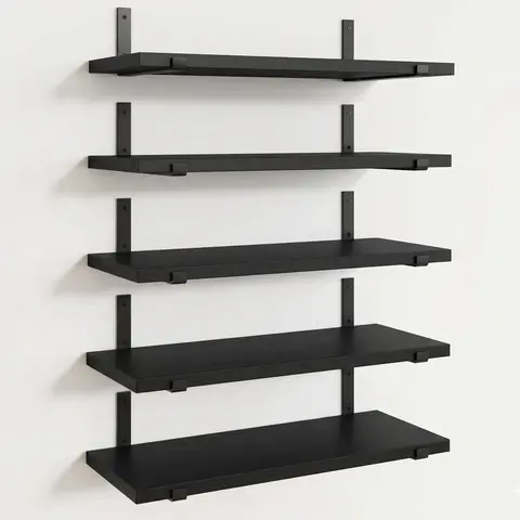 Set of 5, Floating Shelves for Wall, Black Shelves Wall Mounted, Rustic Wood Wall Storage Shelves (Set of 5, Black)