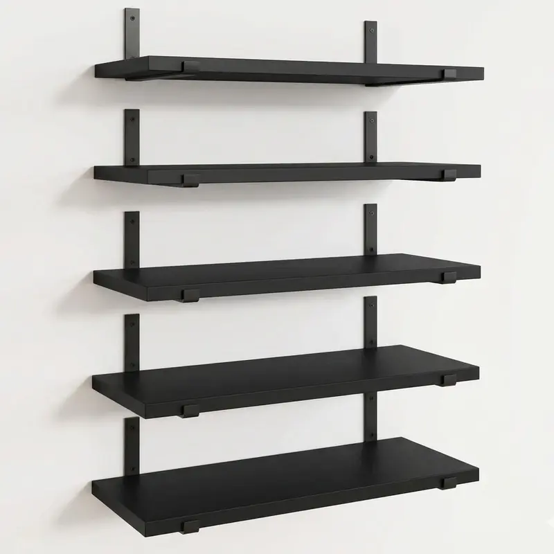 Set of 5, Floating Shelves for Wall, Black Shelves Wall Mounted, Rustic Wood Wall Storage Shelves (Set of 5, Black)