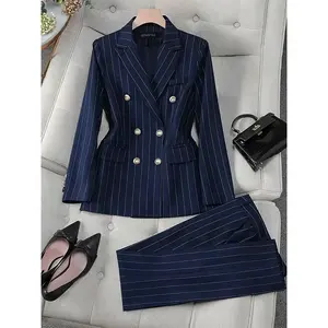 Elegant Striped Women's Set, Two-Button Commuter Style, Long Pants, Fashionable Office Wear, Ladies' Career, Corporate Outfits Women, Work Office Suit