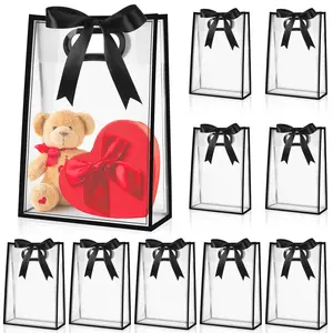 12 Pcs Clear Plastic Gift Bag with Die Cut Handles Reusable PP Favor Bag with Ribbon for Fall Halloween Wedding Bridal Birthday Baby Shower Party Small Business, 7x10x3.15 Inch