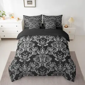 Feelyou 7-Piece Decorative Bedding Set - Adult Gothic Bohemian Vintage Floral Damask Print, White Black Skull-Accent Oriental Antique Comforter, Multi-Size Machine Washable Bed-in-A-Bag
